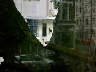 photograph “VIII.2015” par David Farreny — www.farreny.net — Royaume-Uni, United Kingdom, Grande-Bretagne, Great Britain, Angleterre, England, GB, UK, Londres, London, ville, city, capitale, capital, bus, autobus, fenêtre, verre, vitre, glass, rue, street, bâtiments, immeubles, buildings, voitures, cars, angle, coin, corner, fenêtres, windows, reflet, reflection, arbre, tree, tronc, trunk, lampadaire, lamp, lampe, câble, cable, fil, wire, écorce, bark, feuilles, leaves, panneau, sign, reception, réception