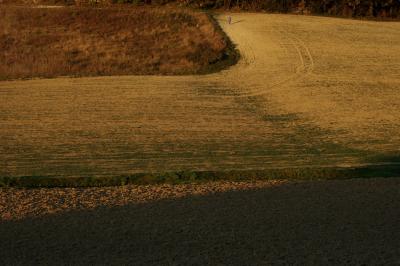 photograph “XI.2015 — Ascent to the solstice” par David Farreny — www.farreny.net — France, Occitanie, Gascogne, Gers, Jegun, paysage, landscape, carte postale, postcard, champ, field, automne, autumn, fall, femme, woman, marcheuse, walker, personnage, figure, jaune, yellow, terre, earth, soil, campagne, countryside, fossé, ditch, herbe, grass, sillons, furrows, soir, evening