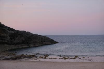 photograph “VII.2019 — Late pink” par David Farreny — www.farreny.net — Espagne, Spain, España, Asturies, Asturias, Villanueva, Llanes, plage, beach, roche, roc, rock, rochers, rocks, pierre, stone, sable, sand, mer, sea, eau, water, océan, ocean, Atlantique, Atlantic, golfe de Gascogne, bay of Biscay, vagues, waves, désert, vide, empty, ciel, sky, rose, pink, soir, evening, mouette, seagull, oiseau, bird, été, summer, horizon, ligne, line, côte, coast, carte postale, postcard