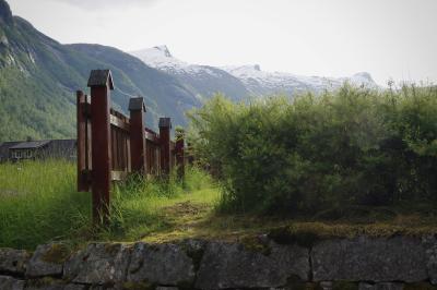 photograph “VI.2019 — Run away to the North, 183. Tre søstre” par David Farreny — www.farreny.net — Norvège, Norway, Norge, Sogn og Fjordane, Sogndal, Fjærland, Mundal, montagnes, mountains, pics, peaks, summits, paysage, landscape, trois sœurs, three sisters, neige, snow, névés, patches, forêt, forest, soir, evening, été, summer, rocher, rock, nature, haie, hedge, barrière, clôture, fence, bois, wood, poteaux, posts, house, maison, mousse, moss, fenêtres, windows, toit, roof, herbe, grass