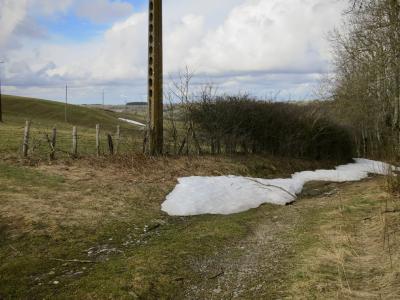 photograph “III.2013 — Through the sunken road” par David Farreny — www.farreny.net — France, chemin, path, campagne, countryside, poteau, électrique, electricity, pole, ciment, cement, neige, snow, langue, spur, hiver, winter, herbe, grass, haie, hedge, arbres, trees, nuages, clouds, clôture, fence, paysage, landscape, Jean-Louis Murat, Occitanie, Aveyron, Rouergue, Salles-Curan