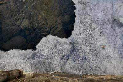 photograph “II.2023” par David Farreny — www.farreny.net — Andorre, Andorra, Canillo, rivière, river, Valira d'Orient, Valira, eau, water, glace, ice, rive, shore, rochers, rocks, pierre, stone, pilier, pillar, bois, wood, hiver, winter, herbe, grass, froid, cold