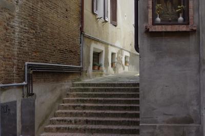 photograph “X.2019” par David Farreny — www.farreny.net — Italie, Italia, Italy, Toscane, Toscana, Tuscany, Pise, Pisa, San Miniato, Saint-Miniatus, ville, city, ruelle, alley, escalier, stairs, staircase, marches, steps, bâtiments, immeubles, buildings, brique, brick, tuyaux, pipes, pots, fleurs, flowers, plantes, plants, fenêtres, windows, murs, walls, métal, metal, volets, shutters, bois, wood