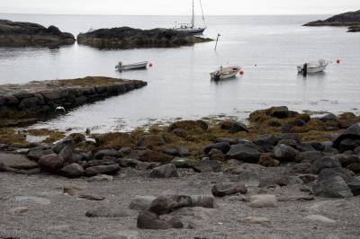 photograph “VII.2014 — Run away to the North, 85” par David Farreny — www.farreny.net — Norvège, Norway, Norge, Nord-Norge, Nordland, Lofoten, Flakstad, Nesland, rivage, shore, port, harbour, habor, bateaux, boats, bouées, buoys, rochers, rocks, eau, water, mouette, gull, seagull, rampe, ramp, slope, cale, mise à l'eau, launch, launching, slipway, ligne, line, horizon, îlots, small islands, islets, algues, seaweed