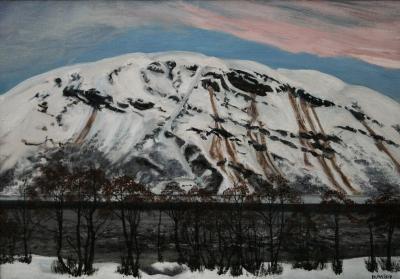 photograph “« Snøfjell » (« Snowy mountain », v. 1909), Nikolai Astrup (1880-1928)” par David Farreny — www.farreny.net — Musée d'art de Bergen, collection Rasmus Meyer, Bergen Kunstmuseum, Rasmus Meyers samlinger, Norvège, Norway, Norge, Hordaland, Bergen, Nikolai Astrup, peinture, painting, tableau, art, 1909, XXe siècle, 20th century, Montagne enneigée, Snow clad mountain, Snøfjell, montagne, mountain, fjord, neige, snow, arbres, trees, eau, water, hiver, winter, paysage, landscape, néoromantisme, neo-romanticism