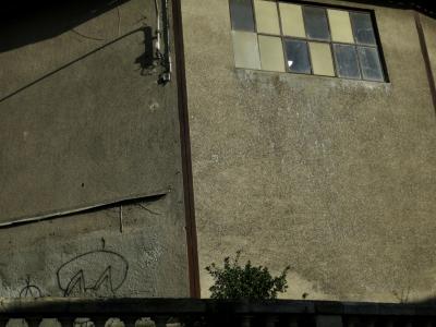 photograph “X.2017 — Whatever” par David Farreny — www.farreny.net — France, Occitanie, Gascogne, Gascony, Gers, Vic-Fezensac, mur, wall, bâtiment, building, paroi, ciment, cement, fenêtre, window, baie, vitre, verre, glass, balustrade, câble, cable, fil, wire, tag, graffiti, arbuste, shrub, automne, autumn, fall
