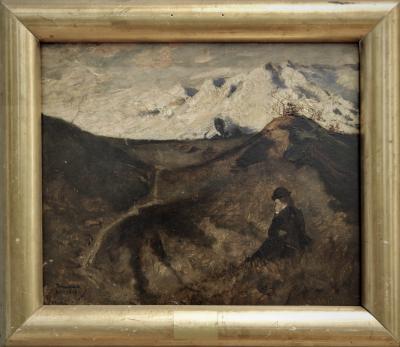 photograph “« Mountains near Innsbruck » (« Landskap ved Innsbruck », 1877), Eilif Peterssen (1852-1928)” par David Farreny — www.farreny.net — Norvège, Norway, Norge, Østlandet, Oslo, Musée national d'Art, National Museum of Art, Nasjonalmuseet for kunst, tableau, painting, XIXe siècle, 19th century, Eilif Peterssen, paysage, landscape, Autriche, Austria, Innsbruck, montagnes, mountains, neige, snow, femme, woman, pente, slope, côte, coast, dépression, depression, tristesse, sadness, solitude