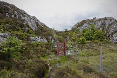 photograph “VI.2019 — Run away to the North, 194. Hordaland (det.)” par David Farreny — www.farreny.net — Norvège, Norway, Norge, Hordaland, Austevoll, Stolmen, Våge, île, island, chemin, path, nature, rochers, rocks, collines, hills, clôture, fence, porte, door, portillon, bois, wood, végétation, vegetation, arbustes, shrubs, grillage, fencing, herbe, grass, poteaux, posts, poles