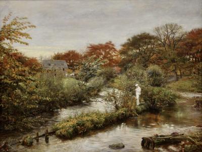 photograph “« Flowing to the river » (1871), John Everett Millais (1829-1896)” par David Farreny — www.farreny.net — Tate Britain, Londres, London, Royaume-Uni, United Kingdom, Angleterre, England, GB, UK, John Everett Millais, peinture, painting, tableau, 1871, XIXe siècle, 19th century, Flowing to the river, préraphaélisme, Pre-Raphaelitism, art, Pre-Raphaelite, préraphaélite, paysage, landscape, rivière, river, arbres, trees, homme, man, tronc, trunk, maison, house, automne, autumn, fall