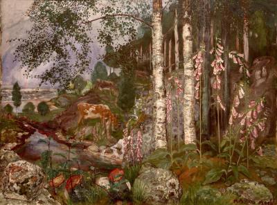 photograph “« Revebjeller » (« Digitalis », 1909), Nikolai Astrup (1880-1928)” par David Farreny — www.farreny.net — Musée national de Norvège, Nasjonalgalleriet, Norvège, Norway, Norge, Oslo, Christiania, Nikolai Astrup, peinture, painting, tableau, XXe siècle, 20th century, art, Revebjeller, Digitales, Digitales pourprées, Foxgloves, fleurs, flowers, nature, bois, wood, forêt, forest, arbres, trees, bouleaux, birch trees, ruisseau, stream, brook, vaches, cows, feuillage, foliage, rochers, rocks, mousse, moss