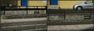 photograph “XI.2015 — Old genre” par David Farreny — www.farreny.net — France, Occitanie, Gascogne, Gascony, Gers, Auch, ville, city, rue, street, maison, house, mur, wall, jaune, yellow, porte, door, bleue, blue, voiture, car, toilettes, publiques, public, toilets, souterraines, underground, panneaux, signs, dames, ladies, hommes, men, ciment, cement, rambarde, guardrail, métal, metal, trottoir, pavement, pierre, stone, dallage, paving, marches, steps, fenêtre, window, diptyque, diptych