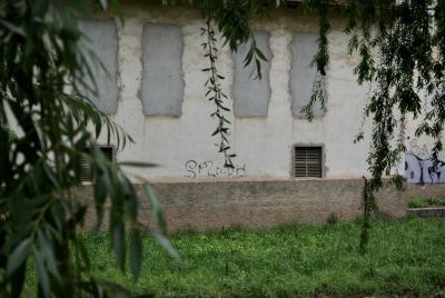 photograph “VI.2023 — Whatever” par David Farreny — www.farreny.net — Espagne, España, Espanya, Spain, Catalogne, Cataluña, Catalunya, Catalonia, Lérida, Lleida, Solsonès, Solsona, ville, city, bâtiment, building, fenêtres, windows, bouchées, blocked, tags, graffitis, laid, ugly, laideur, ugliness, mur, wall, muret, low wall, béton, concrete, herbe, grass, feuilles, leaves, feuillage, foliage