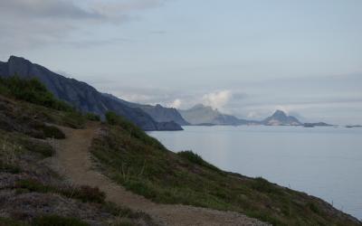 photograph “VII.2014 — Run away to the North, 168” par David Farreny — www.farreny.net — Norvège, Norway, Norge, Nord-Norge, Nordland, Lofoten, Flakstad, Nesland, paysage, landscape, marin, seascape, montagnes, mountains, mer, sea, eau, water, chemin, path, nuages, clouds, soir, evening, été, summer, herbe, grass, carte postale, postcard