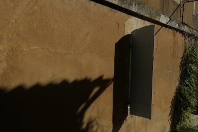 photograph “X.2018” par David Farreny — www.farreny.net — France, Occitanie, Gascogne, Gascony, Gers, Lavardens, maison, house, mur, wall, automne, autumn, fall, volet, shutter, bois, wood, fenêtre, window, pierre, stone, ombre, shadow, lierre, ivy, câble, cable, fil, wire, village