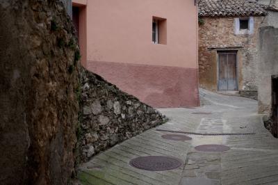 photograph “XI.2021” par David Farreny — www.farreny.net — Espagne, España, Espanya, Spain, Catalogne, Cataluña, Catalunya, Catalonia, Lérida, Lleida, Alt Urgell, Coll de Nargó, bourgade, town, village, rue, street, ruelle, alley, old, vieux, pierre, stone, maisons, houses, wall, métal, metal, fenêtres, windows, portes, doors, côte, coast, vide, empty, emptiness, toit, roof, tuiles, tiles, bois, wood, mur