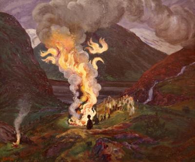 photograph “« Jonsokbål » (« St. John’s bonfire », 1912 and 1926), Nikolai Astrup (1880-1928)” par David Farreny — www.farreny.net — Musée national de Norvège, Nasjonalgalleriet, Norvège, Norway, Norge, Oslo, Christiania, Nikolai Astrup, peinture, painting, tableau, XXe siècle, 20th century, art, Jonsokbål, Feu de la Saint-Jean, Bonfire celebrating midsummer night, fjord, montagnes, mountains, été, summer, solstice, feu, fire, feu de joie, bonfire, flammes, flames, fumée, smoke, personnages, figures, eau, water