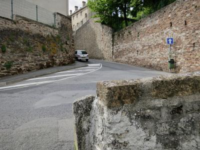 photograph “VI.2013 — Little Sundays” par David Farreny — www.farreny.net — France, rue, street, ville, city, murs, walls, pierre, stone, muret, low wall, bitume, blacktop, asphalte, asphalt, voiture, car, métal, metal, panneau, roadsign, poubelle, bin, can, trash, bâtiment, building, immeuble, trottoir, pavement, rampe, banister, grillage, clôture, fence, fencing, arbre, tree, feuillage, foliage, cheminées, chimneys, fenêtres, windows, Occitanie, Aveyron, Rouergue, Rodez