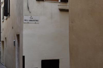 photograph “VIII.2022 — Final street” par David Farreny — www.farreny.net — Italie, Italia, Italy, Toscane, Toscana, Tuscany, Sienne, Siena, Pienza, ruelle, alley, plaque, plate, via dell'Abbandono, rue de l'Abandon, coin, corner, angle, portes, doors, fenêtres, windows, murs, walls, volets, shutters, bois, wood