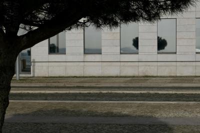 photograph “II.2020” par David Farreny — www.farreny.net — Portugal, Lisbonne, Lisboa, Lisbon, bâtiment, immeuble, building, fenêtres, windows, porte, door, rue, street, trottoir, pavement, pierre, stone, arbre, tree, verre, glass, vitre, reflet, reflection, ombre, shadow