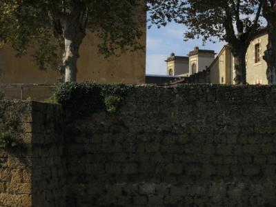 photograph “X.2017” par David Farreny — www.farreny.net — France, Aquitaine, Landes, Mont-de-Marsan, ville, city, tours, towers, mur, wall, pierre, stone, arbres, trees, platanes, plane trees, feuillage, foliage, feuilles, leaves, fenêtre, window, grillage, fence, ciel, sky, remparts, battlements
