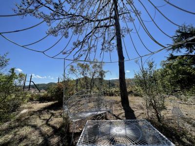 photograph “VII.2022 — Respite before discovery” par David Farreny — www.farreny.net — Italie, Italia, Italy, Ligurie, Liguria, Savone, Savona, Cairo Montenotte, Cairi, été, summer, jardin, garden, table, métal, metal, siège, seat, arbre, tree, tronc, trunk, structure, chaleur, heat, herbe, grass, ciel, sky, branches, branchages