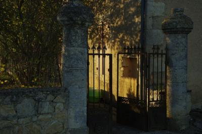 photograph “XI.2015 — Faces of home, 104” par David Farreny — www.farreny.net — France, soir, evening, automne, autumn, fall, maison, house, vieille, old, pierre, stone, entrée, entrance, colonnes, columns, portail, gate, métal, metal, fenêtre, window, volets, shutters, bois, wood, arbres, trees, ombre, shadow, feuillage, foliage, muret, low wall, jardin, garden, domicile, home, lumière, light, Occitanie, Gascogne, Gers, Jegun