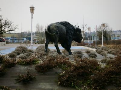 photograph “III.2012 — The trap” par David Farreny — www.farreny.net — France, bison, buffalo, buffle, taureau, bull, statue, sculpture, animal, parking, car park, lampadaires, lamps, banlieue, suburbs, plantes, plants, piège, trap, art, Occitanie, Rouergue, Aveyron, Onet-le-Château, laideur, laid, ugly, ugliness, commercial area, zone commerciale
