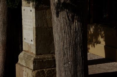 photograph “XII.2015 — On a mission” par David Farreny — www.farreny.net — France, arbres, trees, cyprès, cypresses, troncs, trunks, monument, mission, pierre, stone, 1859, maison, house, fenêtre, window, plaque, rideaux, curtains, brique, brick, volets, shutters, bois, wood, appui, ledge, écorce, bark, évangélisation, evangelization, christianisme, Christianity, catholicisme, Catholicism, religion, Occitanie, Gascogne, Gers, Saint-Lary