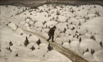 photograph “« Winter » (1907), Ivar Arosenius (1878-1909)” par David Farreny — www.farreny.net — Suède, Sweden, Sverige, Västra, Götaland, Göteborg, Gothembourg, Gothenburg, Konstmuseum, Musée des Beaux-Arts, art, tableau, painting, peinture, Vinter, Ivar Arosenius, 1907, XXe siècle, 20th century, campagne, countryside, hiver, winter, neige, snow, paysage, landscape, froid, cols, chemin, path, arbres, trees, homme, man, promeneur, walker, chapeau, hat, nez, rouge, red, nose