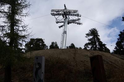 photograph “X.2023 — Off-season” par David Farreny — www.farreny.net — France, Occitanie, Pyrénées-Orientales, Font-Romeu-Odeillo-Via, Odeillo, arbres, trees, tronc, trunk, butte, mound, métal, metal, poteau, post, pole, structure, ciel, sky, nuages, clouds, télésiège, chair lift, pylône, pylon, galets, pulleys, câble, cable, échelle, ladder, terre, earth, sol, soil, art, reptile