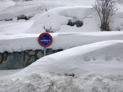 photograph “XII.2021 — 24 h” par David Farreny — www.farreny.net — Andorre, Andorra, Canillo, hiver, winter, neige, snow, froid, cold, voiture, car, panneau, routier, sign, roadsign, maxim 24 h, stationnement interdit, prohibited parking, arbuste, shrub, muret, low wall, pierre, stone
