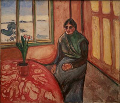 photograph “« Melankoli » (« Melancholy », 1900-1901), Edvard Munch (1863-1944)” par David Farreny — www.farreny.net — musée Munch, Munch-museet, Norvège, Norway, Norge, Oslo, Christiania, Edvard Munch, peinture, painting, tableau, art, 1901, XXe siècle, 20th century, Mélancolie, Melancholy, Melankoli, Laura, femme, woman, pièce, room, fenêtre, window, table, rouge, red, neige, snow, pot, fleurs, flowers, portrait, expressionnisme, expressionism