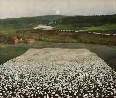 photograph “« En blomstereng nordpå » (« Flowering meadow in the North », 1905), Harald Sohlberg (1869-1935)” par David Farreny — www.farreny.net — Musée national de Norvège, Nasjonalgalleriet, Norvège, Norway, Norge, Oslo, Christiania, Harald Sohlberg, peinture, painting, tableau, art, 1905, XXe siècle, 20th century, En blomstereng nordpå, Northern blossom meadow, prairie, meadow, pré, fleurs, flowers, tapis, carpet, night, nuit, lune, moon, paysage, landscape, campagne, countryside, maisons, houses, bois, wood, lac, lake
