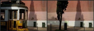 photograph “II.2020” par David Farreny — www.farreny.net — Portugal, Lisbonne, Lisboa, Lisbon, diptyque, diptych, rue, street, ville, city, capitale, capital, tramway, tram, jaune, yellow, passager, passenger, ombre, shadow, arbre, tree, cyprès, cypress, mur, wall, poteaux, posts, poles, métal, metal, câbles, cables, fils, wires, poubelles, bins, trash, cans, trottoir, pavement, pierre, stone, passage, temps, time, transport, véhicule, vehicle, porte, door