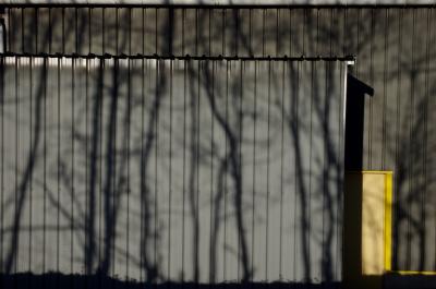 photograph “II.2014” par David Farreny — www.farreny.net — France, entrepôt, warehouse, tôle ondulée, corrugated iron, métal, metal, murs, walls, parois, gris, grey, gray, branches, arbres, trees, ombre, shadow, porte, door, jaune, yellow, gouttière, gutter, Occitanie, Aveyron, Rouergue, Olemps