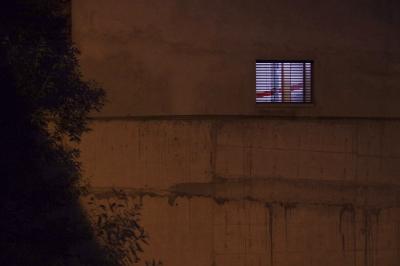 photograph “VII.2023 — Whatever” par David Farreny — www.farreny.net — Andorre, Andorra, Encamp, nuit, night, béton, concrete, mur, paroi, wall, arbre, tree, feuillage, foliage, feuilles, leaves, fenêtre, window, ouverture, opening, rectangle, lumière, light, parking, souterrain, underground, ligne, line, rouge, red