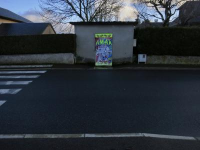 photograph “II.2014 — Winter ending” par David Farreny — www.farreny.net — France, Occitanie, Rouergue, Aveyron, La Primaube, rue, street, hiver, winter, bitume, blacktop, asphalte, asphalt, trottoir, pavement, maisons, houses, toits, roofs, ardoise, slate, haies, hedges, mur, wall, ciment, cement, murets, low walls, arbres, trees, branches, branchages, affiche, poster, cirque, circus, Amar, clown, jaune, yellow, fluo, fluorescent, passage piétons, pedestrian pathway, zebra crossing, ciel, sky, nuages, clouds, dépression, depression