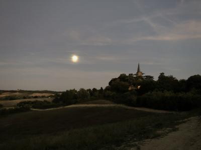 photograph “IX.2018 — Where you are not” par David Farreny — www.farreny.net — France, Occitanie, Gascogne, Gascony, Gers, Jegun, village, soir, evening, paysage, landscape, campagne, countryside, ciel, sky, lune, moon, nuages, clouds, arbres, trees, clocher, église, church, bell tower, cèdres, cedars, chemin, path, champs, fields, horizon, lumière, light, carte postale, postcard