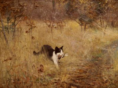 photograph “« Katt på fågeljakt » (« Cat chasing birds », 1883), Bruno Liljefors (1860-1939)” par David Farreny — www.farreny.net — Suède, Sweden, Sverige, Västra, Götaland, Göteborg, Gothembourg, Gothenburg, Konstmuseum, Musée des Beaux-Arts, art, tableau, painting, peinture, Katt på fågeljakt, Chat chassant les oiseaux, Cat hunting birds, Bruno Liljefors, chat, cat, animal, nature, oiseau, bird, proie, prey, arbres, trees, herbe, grass, 1883, XIXe siècle, 19th century