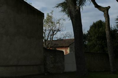 photograph “XI.2018 — Faces of home, 105” par David Farreny — www.farreny.net — France, Gascogne, Occitanie, Gers, Jegun, automne, autumn, fall, maison, house, village, campagne, countryside, arbres, trees, cèdres, cedars, toit, roof, tuiles, tiles, mur, wall, rouge, red, troncs, trunks, pierre, stone, portail, gate, domicile, home