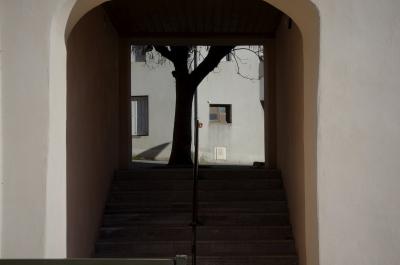 photograph “II.2015” par David Farreny — www.farreny.net — France, Occitanie, Rouergue, Aveyron, Ceignac, hiver, winter, dépression, depression, village, passage, escalier, stairs, marches, steps, rambarde, guardrail, rampe, ramp, arbre, tree, place, square, fenêtres, windows, métal, metal