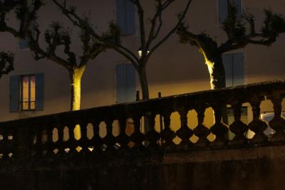 photograph “V.2020 — At night” par David Farreny — www.farreny.net — France, soir, evening, nuit, night, village, maison, house, arbres, trees, platanes, plane trees, balustrade, balustres, balusters, troncs, trunks, fenêtres, windows, volets, shutters, bois, wood, pierre, stone, lumière, light, rideaux, curtains, branches, voitures, cars, lampadaire, réverbère, lamp, rue, street, Occitanie, Gascogne, Gers, Jegun