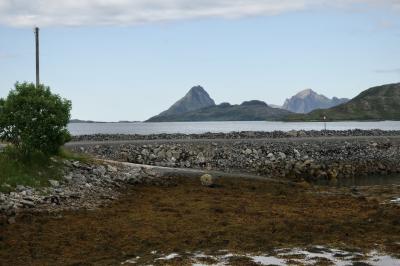 photograph “VII.2017 — Run away to the North, 244” par David Farreny — www.farreny.net — Norvège, Norway, Norge, Nord-Norge, Nordland, Bø, Kråkberget, Vesterålen, fjord, Møklandsfjorden, montagnes, mountains, rochers, rocks, mer, sea, arbre, tree, poteau, pole, post, chemin, path, eau, water, paysage, landscape, pics, peaks, sommets, nuages, clouds