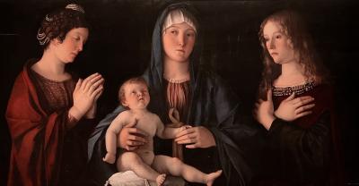 photograph “« Madonna and Child with Saint Catherine and Saint Mary Magdalene » (c. 1490), Giovanni Bellini (c. 1430-1516)” par David Farreny — www.farreny.net — Italie, Italia, Italy, Vénétie, Veneto, Venise, Venice, Venezia, Venexia, Gallerie dell'Accademia, Musée de l'Académie, art, Madonna con Bambino tra santa Caterina d'Alessandria e santa Maria Maddalena, Giovanni Bellini, peinture, painting, tempera, Vierge, Madone, Madonna, Catherine d'Alexandrie, Marie Madeleine, Jésus, Jésus-Christ, conversation sacrée, sacra conversazione, sacred conversation, femmes, women, enfant, child, catholicisme, Catholicism, XVe siècle, 15th century, Renaissance vénitienne, Venetian Renaissance