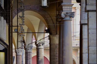 photograph “X.2019” par David Farreny — www.farreny.net — Italie, Italia, Italy, Émilie-Romagne, Emilia-Romagna, Bologne, Bologna, arcades, arcade, pierre, stone, brique, brick, enseigne, sign, balcon, balcony, balustres, balusters, chapiteau, capital, câbles, cables, fils, wires, ville, city, profusion