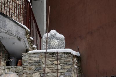 photograph “III.2024” par David Farreny — www.farreny.net — Andorre, Andorra, Canillo, maison, house, pierre, stone, terrasse, terrace, rambarde, railings, métal, metal, escalier, stairs, mur, wall, béton, concrete, statue, oiseau, bird, aigle, eagle, plastique, plastic, bâche, tarpaulin, emballage, wrapping, sculpture, art, neige, snow, tiges, rods, hiver, winter