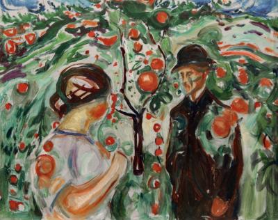 photograph “« Under de røde epler » (« Under the red apples », 1927-1930), Edvard Munch (1863-1944)” par David Farreny — www.farreny.net — musée Munch, Munch-museet, Norvège, Norway, Norge, Oslo, Christiania, Edvard Munch, peinture, painting, tableau, art, 1927, XXe siècle, 20th century, Sous les pommes rouges, Beneath the red apples, Under de røde epler, expressionnisme, expressionism, homme, man, femme, woman, jardin, garden, arbre, tree, pommier, apple tree, pommes, apples, rouges, red, rouge, chapeau, hat, couple