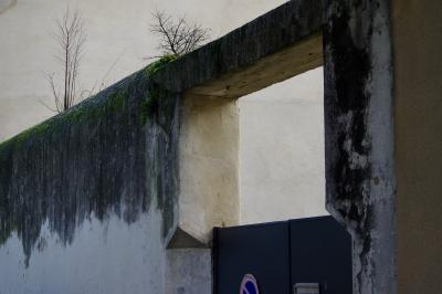 photograph “XII.2020” par David Farreny — www.farreny.net — France, Occitanie, Gard, Remoulins, ville, town, mur, wall, portail, gate, métal, metal, humidité, dampness, moisture, arbustes, shrubs, branches, ciment, cement, passage