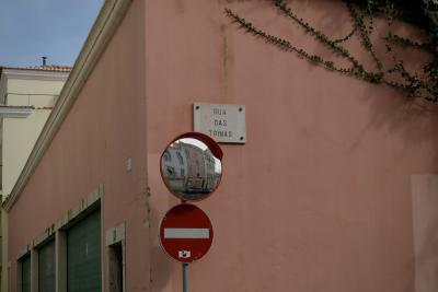 photograph “II.2020” par David Farreny — www.farreny.net — Portugal, Lisbonne, Lisboa, Lisbon, ville, city, capitale, capital, rue, street, rua das Trinas, angle, coin, corner, bâtiment, building, garages, gates, porte, door, plaque, sign, panneau, routier, roadsign, sens interdit, one way, miroir, mirror, rond, round, lierre, ivy, rose, pink