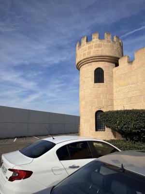 photograph “III.2023” par David Farreny — www.farreny.net — Espagne, España, Spain, Aragon, Aragón, Saragosse, Zaragoza, Ribera Alta del Ebro, Pedrola, mur, wall, parking, car park, bitume, blacktop, asphalte, asphalt, passage, ciel, sky, nuages, clouds, voitures, cars, tour, tower, moderne, modern, créneaux, battlements, château, castle, hôtel, hotel, haie, hedge, pierre, stone, métal, metal